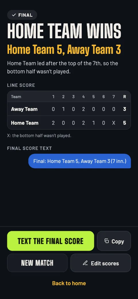 The final: Home Team wins 5–3, the line score with an X for the bottom of the 7th, and the recap to text