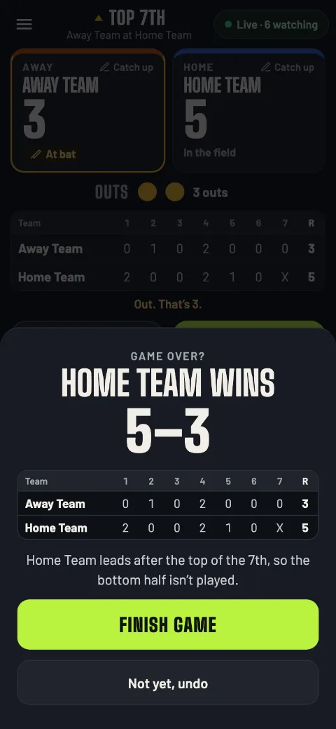 Game over? Home Team leads after the top of the 7th, so the bottom half isn’t played, with Finish game and Not yet, undo