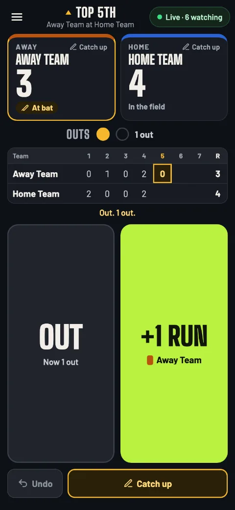 The baseball scorer's screen in the top of the 5th: Away Team 3 at bat, Home Team 4 in the field, 1 out, the line score, and the Out and +1 Run buttons