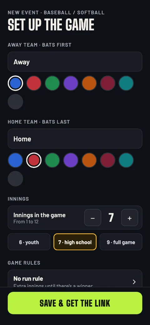Setting up the baseball or softball game: away team bats first, home team bats last, 7 innings, and the game rules