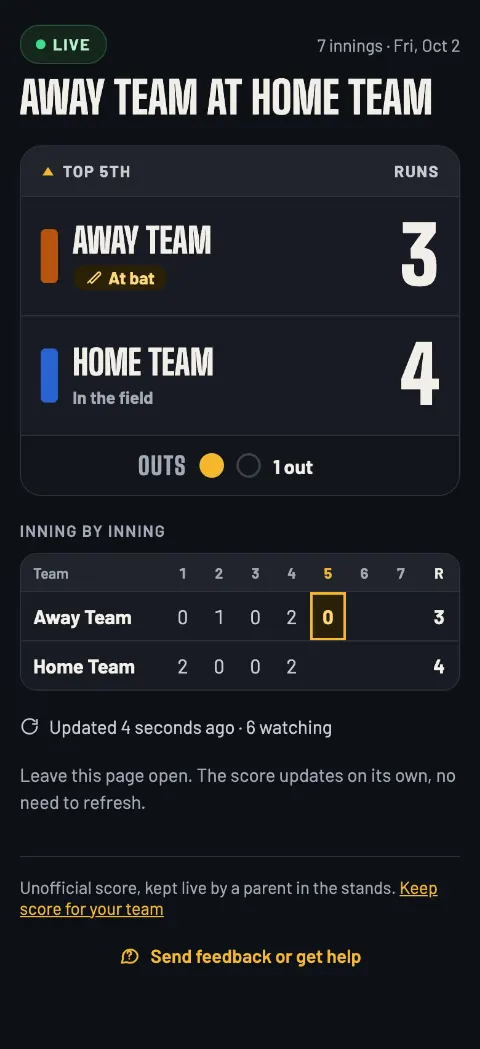 The baseball live page in the top of the 5th: the runs, who is at bat, the outs and the score inning by inning