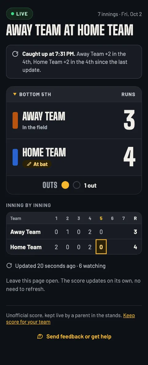 The baseball live page after a catch up: Caught up at 7:31 PM, with the runs added in the 4th