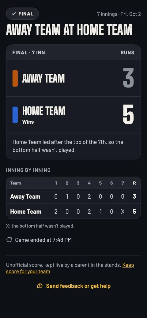 The baseball live page as the final: Home Team wins 5–3, the line score with an X for the bottom half not played, game ended at 7:48 PM