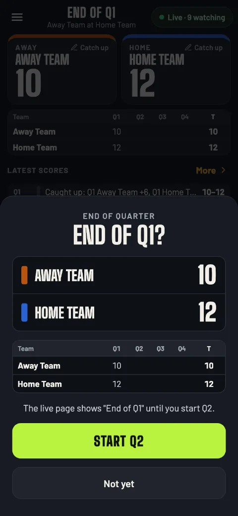 End of Q1? Away Team 10, Home Team 12, with Start Q2 and Not yet