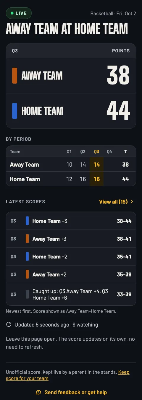 The basketball live page in Q3: Away Team 38, Home Team 44, the score by quarter and the latest scores, updated 5 seconds ago