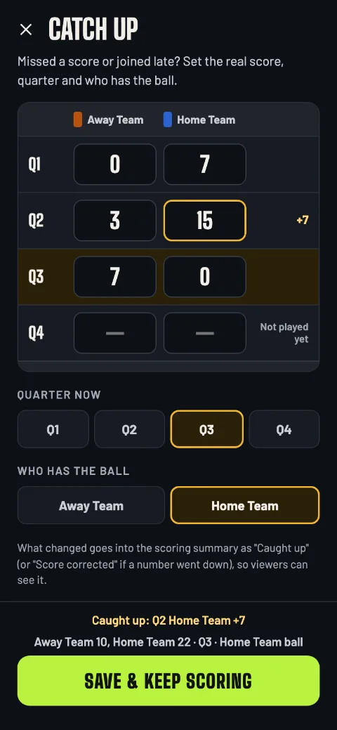 Catch up by quarter: points for each team in each quarter, the quarter now and who has the ball