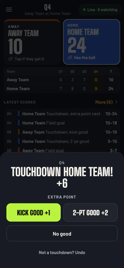 After a Home Team touchdown, the extra point: Kick good +1, 2-pt good +2 or No good