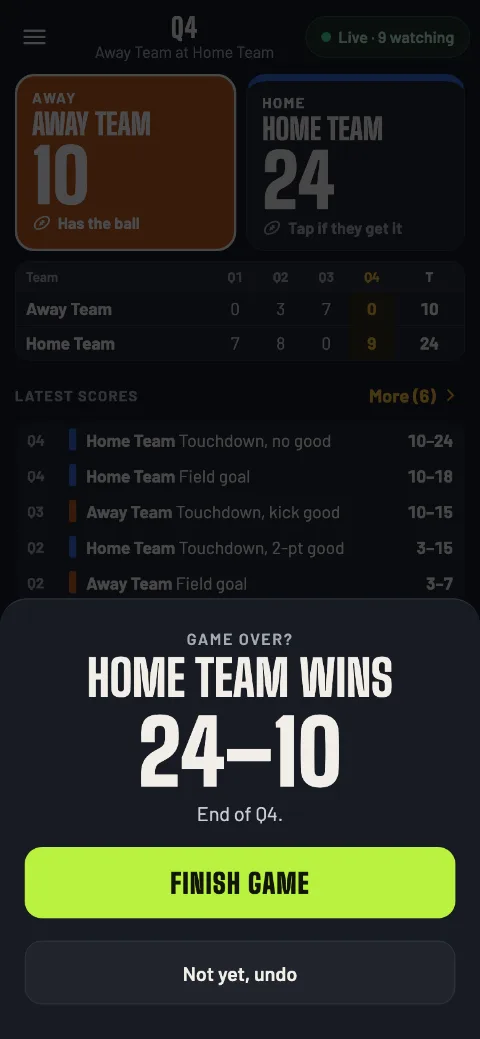 Game over? Home Team wins 24–10, with Finish game and Not yet, undo