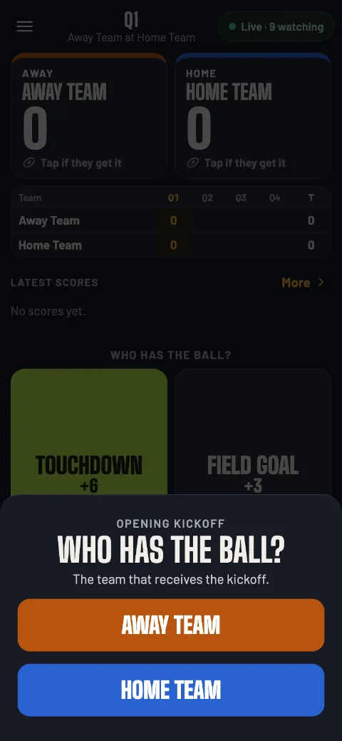 Opening kickoff: Who has the ball? One big button for each team