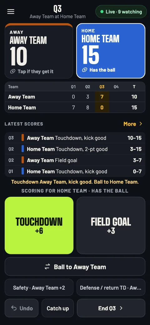 The football scorer's screen in the 3rd quarter: Away Team 10, Home Team 15, Home Team has the ball, Touchdown and Field goal buttons, and the latest scores