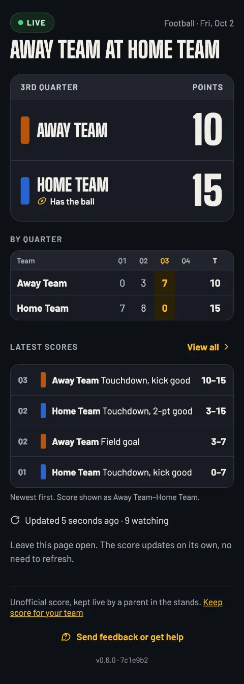 The football live page: 3rd quarter, Away Team 10, Home Team 15, the score by quarter and the latest scoring plays