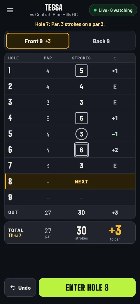 The golf scorecard thru 7: +3 to par, 30 strokes, hole 8 next, with Enter hole 8