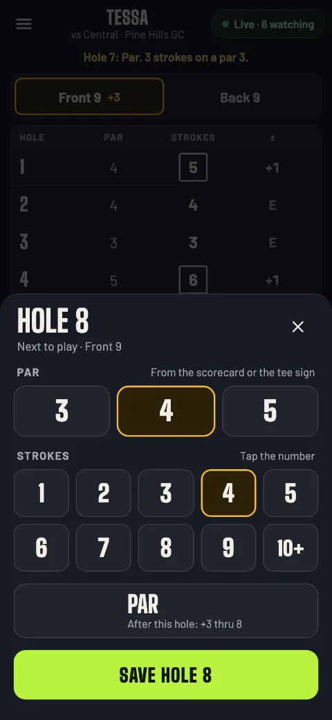 Entering hole 8: par 3, 4 or 5 and the strokes, then Save hole 8