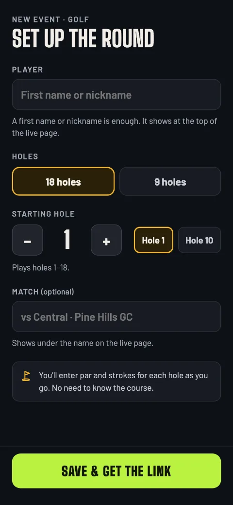 Setting up the round: the player’s first name or nickname, 18 or 9 holes, the starting hole and an optional match label