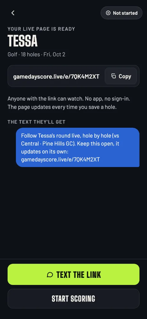 Sharing the round: the live page link and the message ready to send, Follow Tessa’s round live, hole by hole