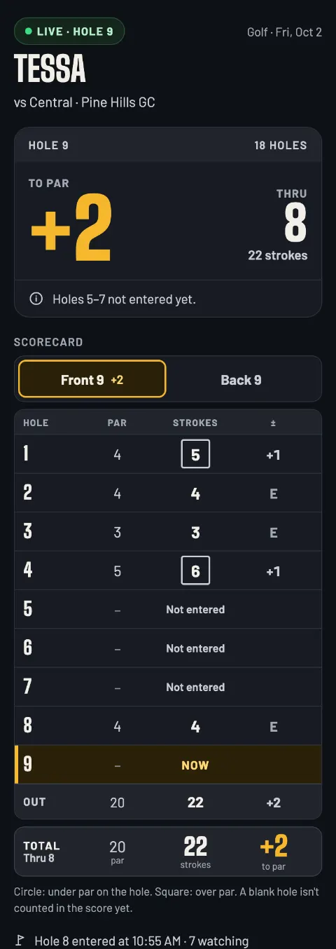 The golf live page with holes 5–7 not entered yet, the card marking them Not entered