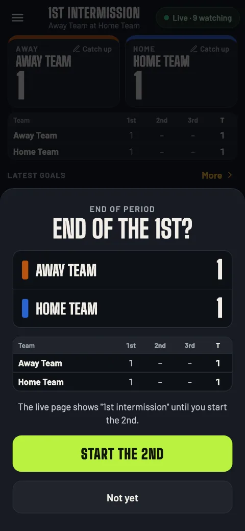 End of the 1st? Away Team 1, Home Team 1, with Start the 2nd and Not yet