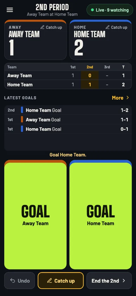The hockey scorer's screen in the 2nd period: Away Team 1, Home Team 2, a big Goal button for each team, and the goals by period