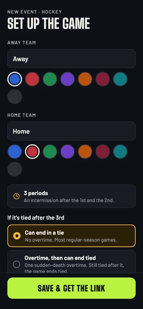 Setting up the hockey game: away and home teams, 3 periods, and what happens if it's tied after the 3rd