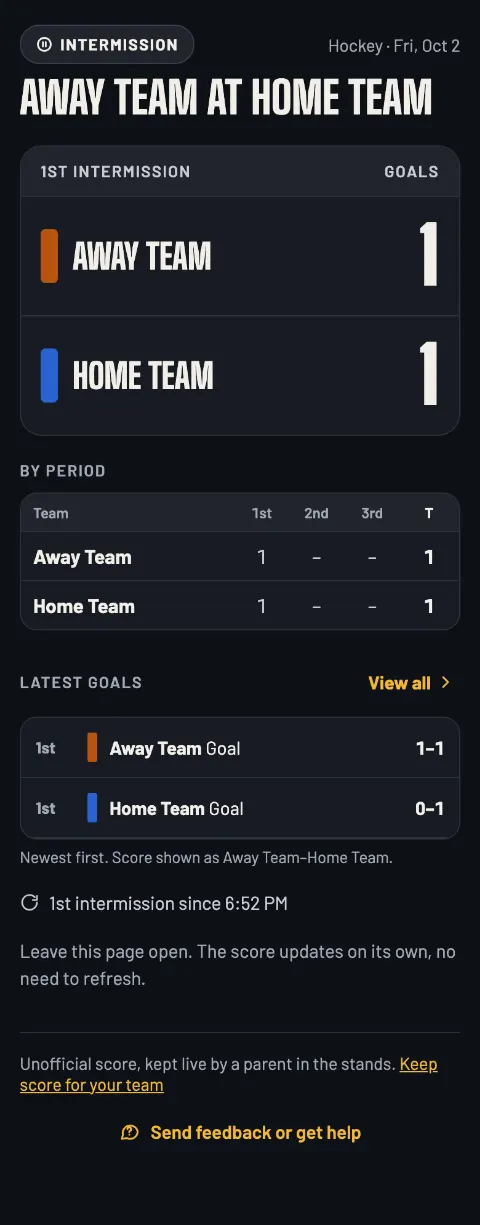 The hockey live page in the 1st intermission: tied 1–1, 1st intermission since 6:52 PM