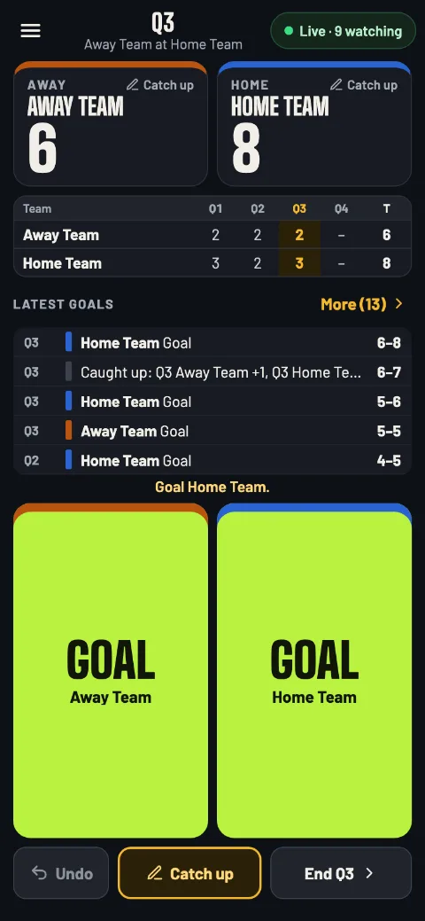 The lacrosse scorer's screen in Q3: Away Team 6, Home Team 8, the score by period, the latest goals and a Goal button for each team