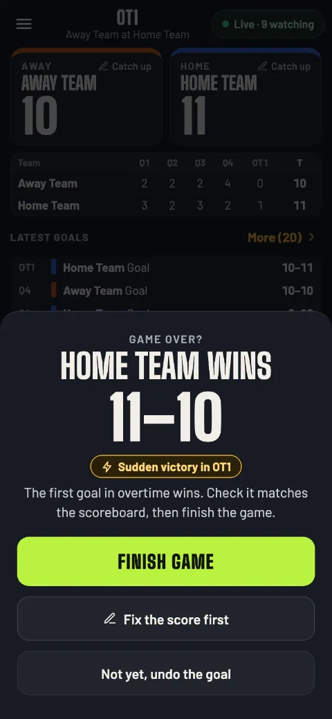 Sudden victory in OT1: Game over? Home Team wins 11–10, with Finish game, Fix the score first and Not yet, undo the goal