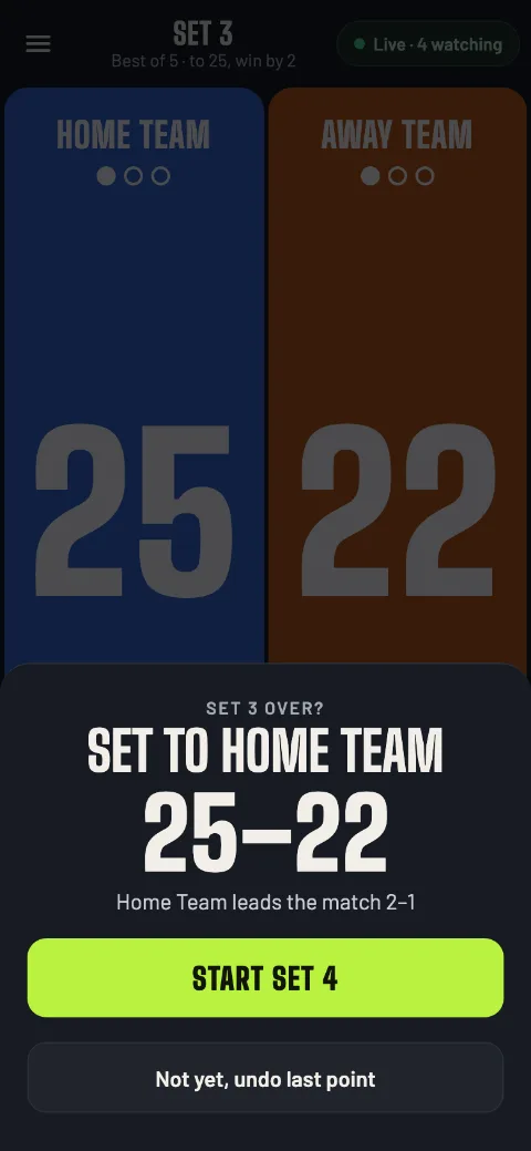 The app asks before a set ends: Set to Home Team, 25–22, with a Start set 4 button