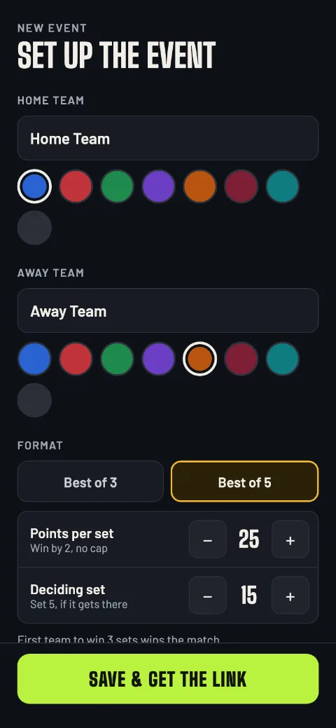Setting up the match: team names Home Team and Away Team, team colours, best of 5