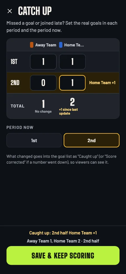 Catch up by period: the goals for each team in each half and the period now