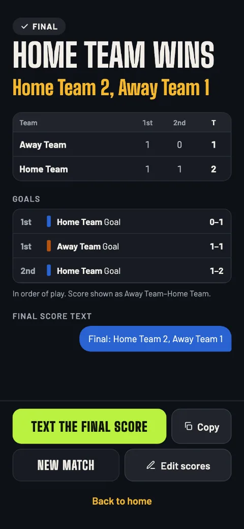 The final: Home Team wins 2–1, the score by period, the goals and the recap to text