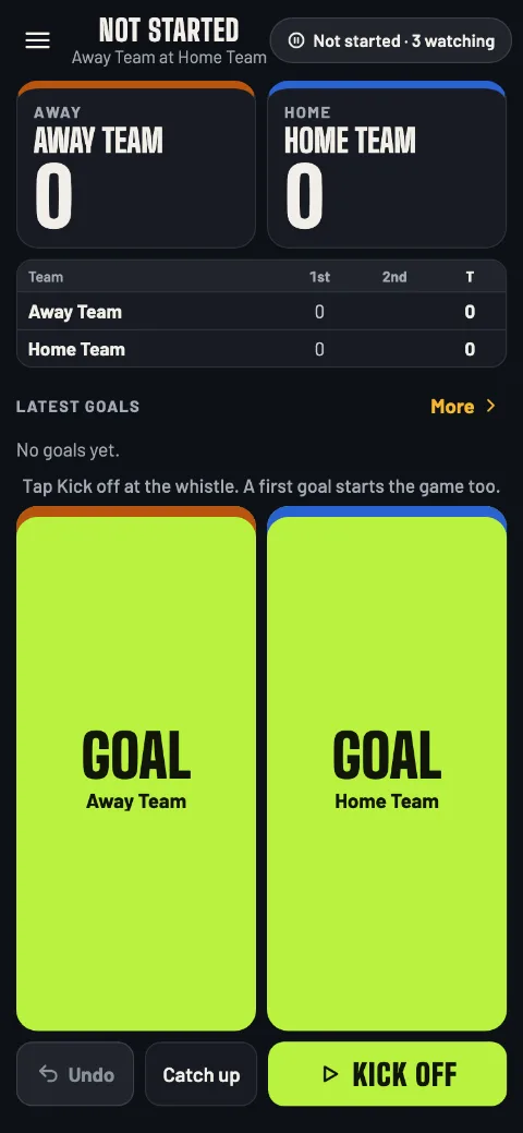 Before the game: Not started, 0–0, with the Goal buttons and Kick off