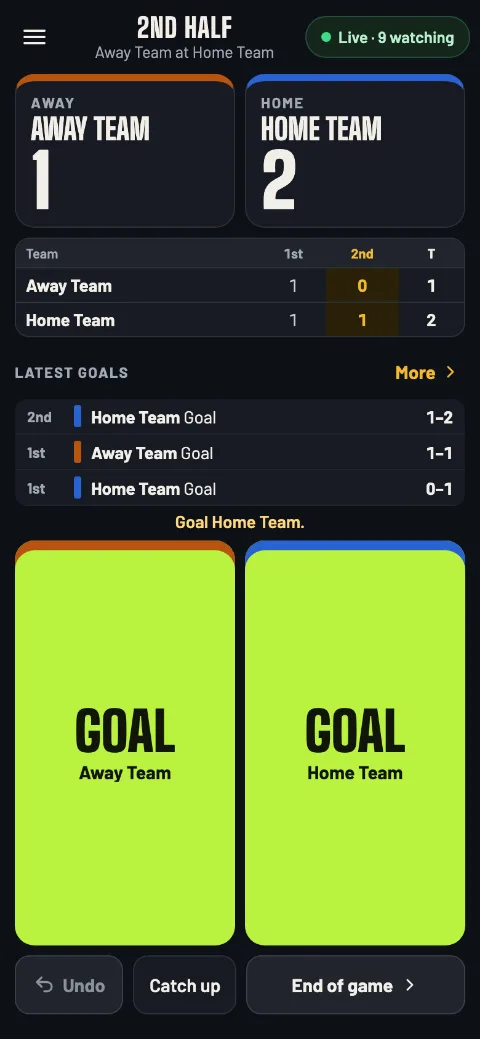 The soccer scorer's screen in the 2nd half: Away Team 1, Home Team 2, a Goal button for each team and the latest goals