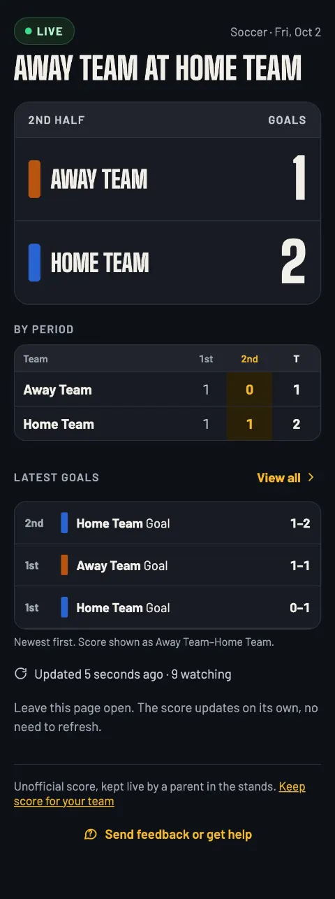 The soccer live page in the 2nd half: Away Team 1, Home Team 2, the score by period and the latest goals