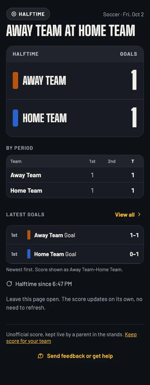 The soccer live page at halftime: Halftime since 6:47 PM, 1–1