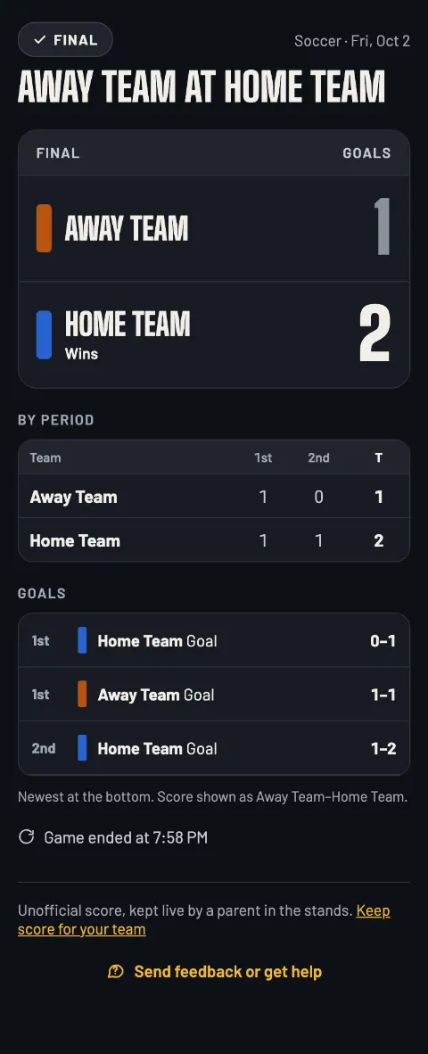 The soccer live page as the final: Home Team wins 2–1, game ended at 7:58 PM, with every goal