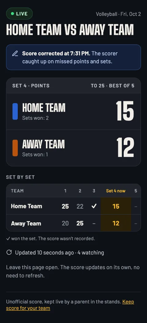 The live page after a catch up: Score corrected at 7:31 PM